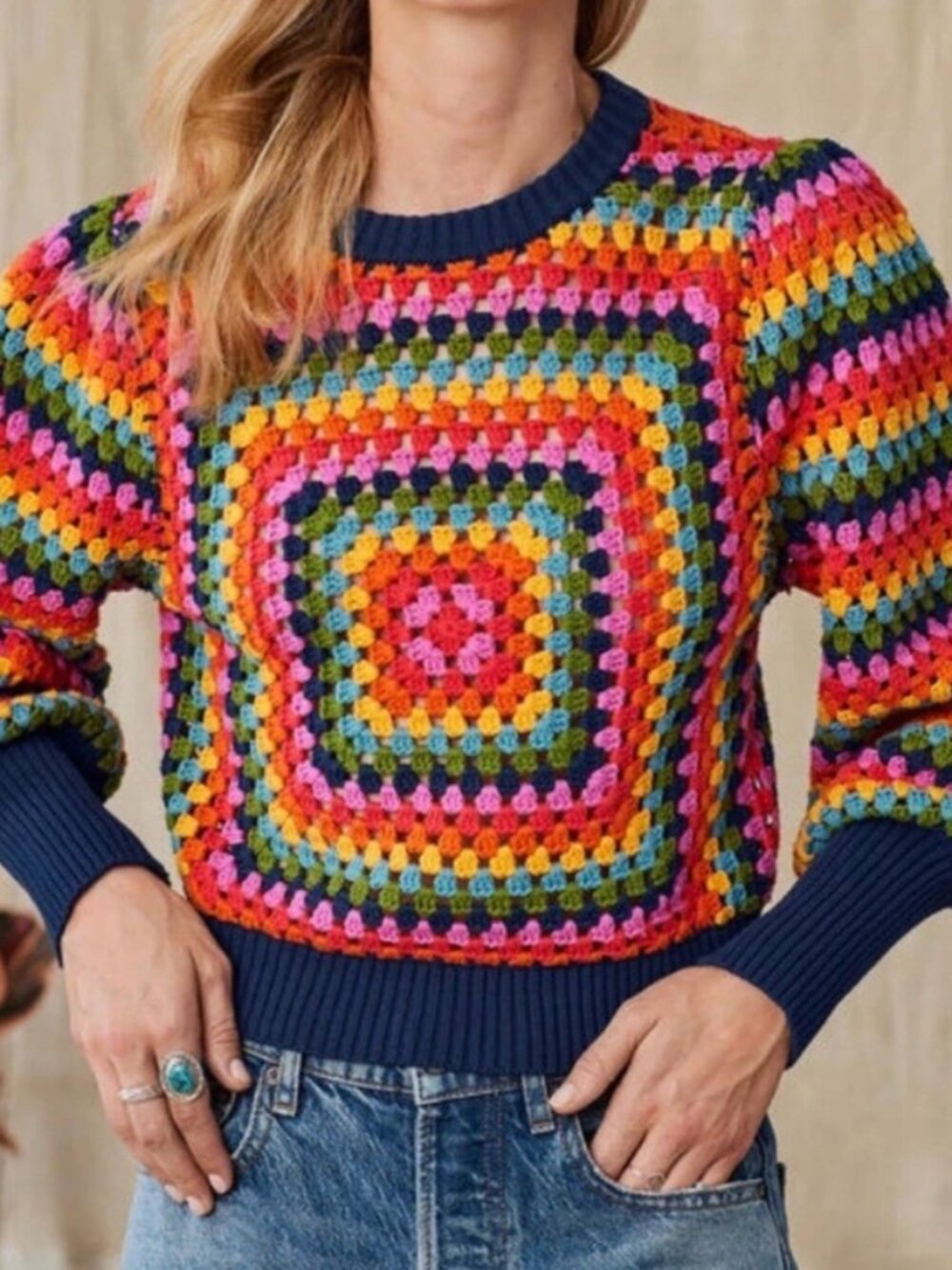 Farm Rio Sunset Stripes Crochet Sweater